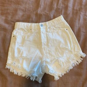 High waisted white fringe cut up denim shorts